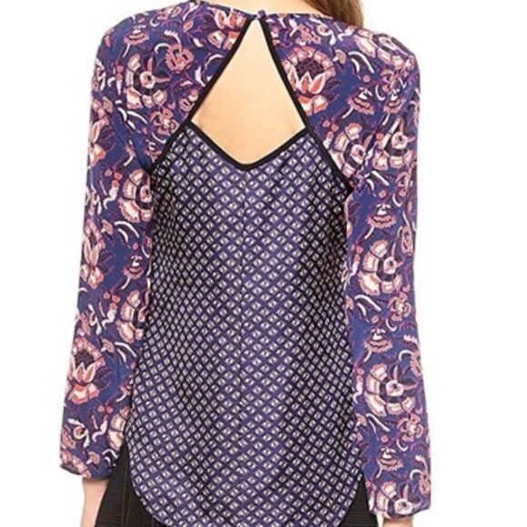 Veronica Beard blouse Sz 0 100% silk plum floral batik print seamed long sleeve - Picture 2 of 10